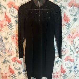 Chic Long Sleeve Black Dress with Sheer Details